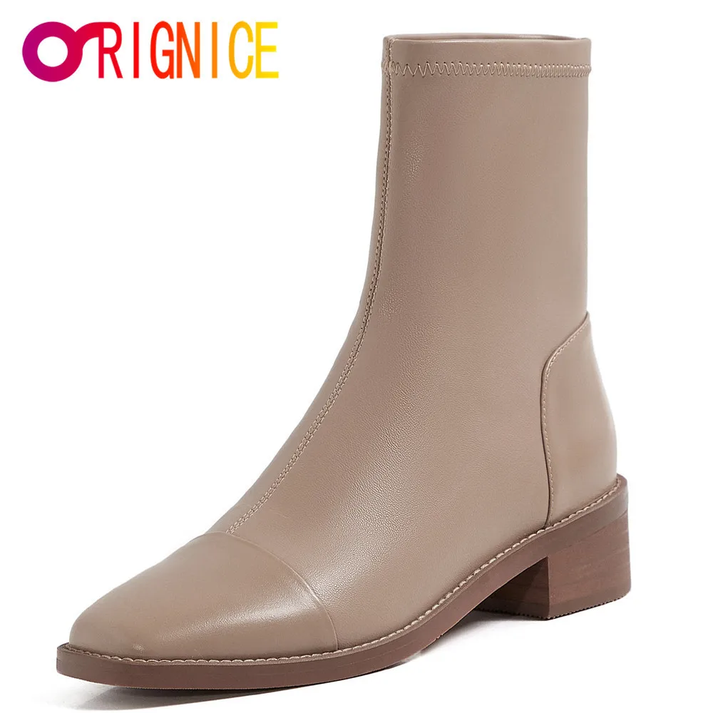 

Orignice 2021 Autumn High Quality Leather Round Toe Women Ankle Boots Retro Simple Low Heels Slip On Party Dress Wild Shoes