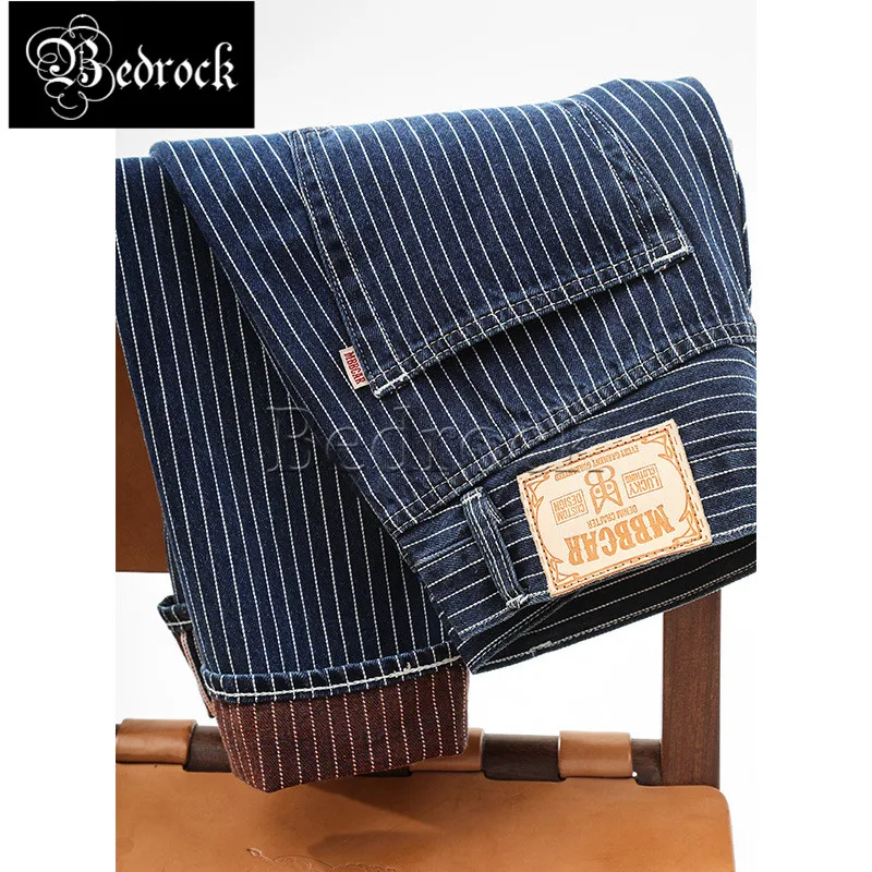 MBBCAR 13oz blue striped jeans vintage raw denim jeans Amekaji retro one washed striped casual trousers slim pencil pants 7340