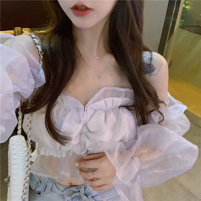 

2021 Spring Autumn New Slim Long-sleeved Off-the-shoulder Shirt Top Niche Sexy Short Chiffon Shirt Women