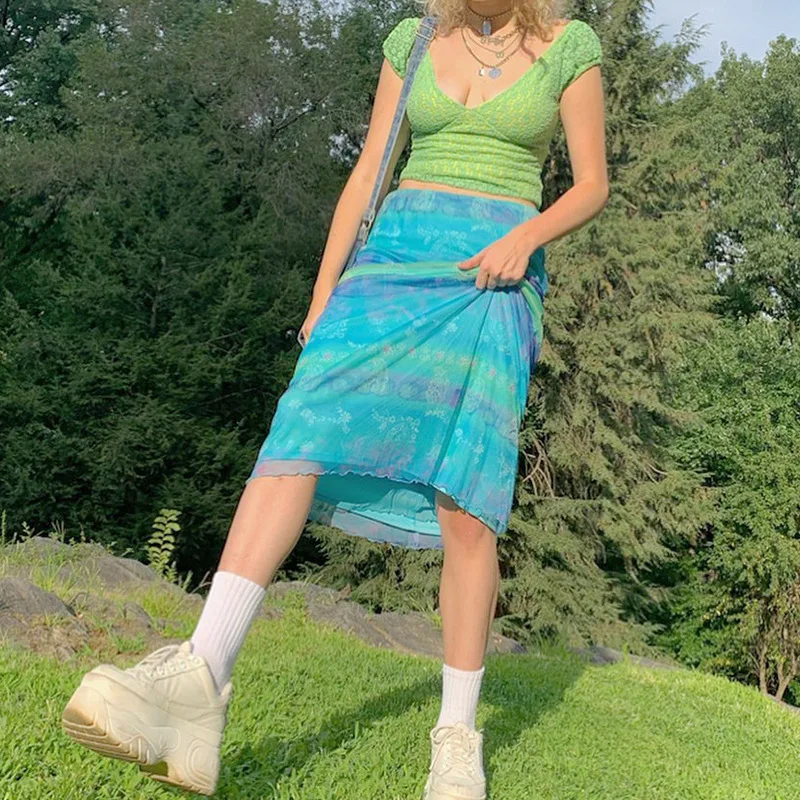 

Gradient Tie Dye Print Long Skirts Womens Streetwear High Waist Bottoms Beach Holiday 2021 Summer Double Layer Mesh Skirt