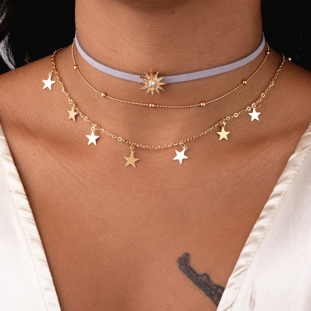 

Women Bohemian Multilayer Gold Pendant Necklace Punk Pentagram Sun Choker Necklaces Fashion Jewelry Party Gift, Free Shipping