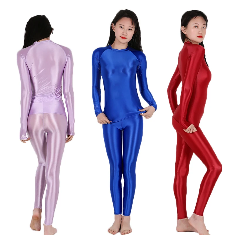Women's Fitness Suit Long Sleeve Long Sleeve Bodysuit Leggings Matching 2 Pieces Set Costume Shiny Stretchy Gym Clothes Solid