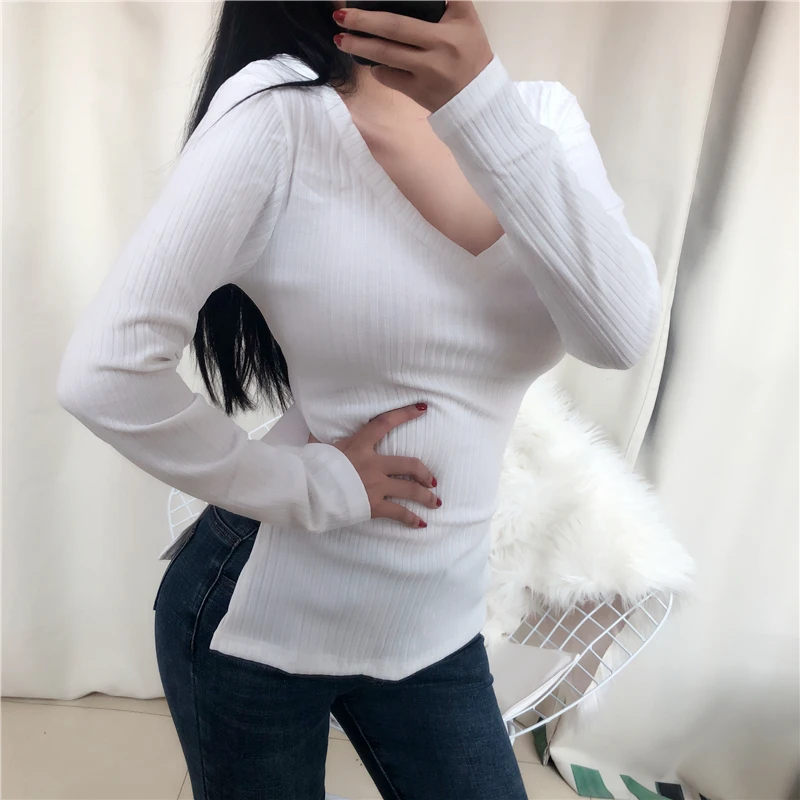 Новая весенняя Сексуальная футболка Женская эластичная в Корейском стиле