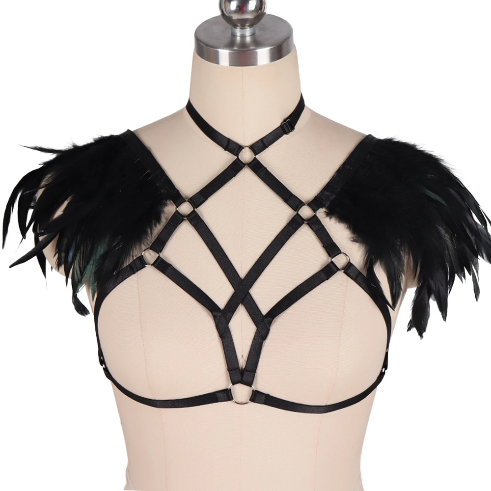 Экзотические аксессуары в стиле панк с перьями БДСМ боди-портупея бюстгальтер