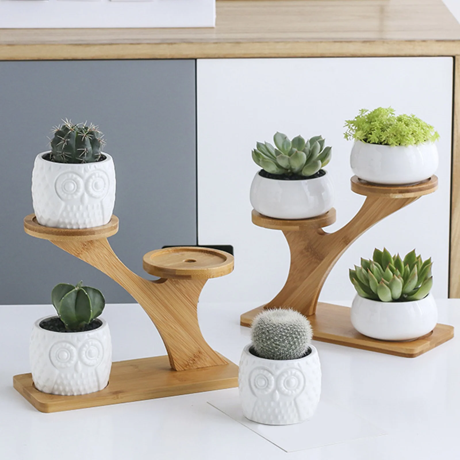 Unique Wood Shelving Bamboo Plant Stands Can Hold 3 Plant Pots Indoor Multi-Layer Flower Pot Stand Only Storage Racks Home Decor