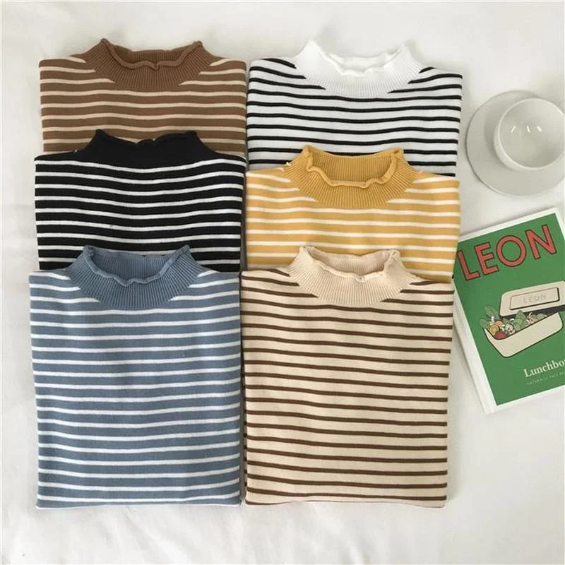 

Basic Pullovers Women Slim Striped Colorful Stretchy Korean Style Fashionable Daily Sweaters Spring Mock Neck Females Students