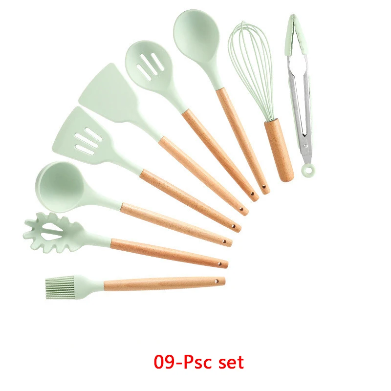 9-Pcs kitchen set 11-13 шт Силиконовая кухонная утварь набор кухонной утвари антипригарный шпатель Премиум деревянная ручка с ящиком для хранения кухонные инструменты - Цвет: 9-Pcs kitchen set