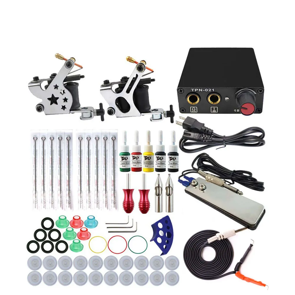 Tattoo Machine Набор для тату-машинки, 2 катушки, пистолеты, 5 цветов, пигментные наборы, мощные татуировки для начинающих, комплекты для перманентного макияжа, машины hp-2 Tattoo power - Цвет: Tattoo Machine