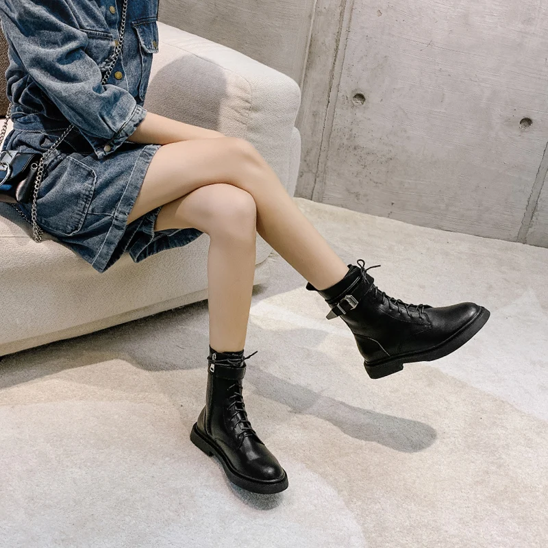 Boots for Girls Autumn Winter British Martin Boots 2021 New Thick Heel Thick Soled Locomotive Black Boots