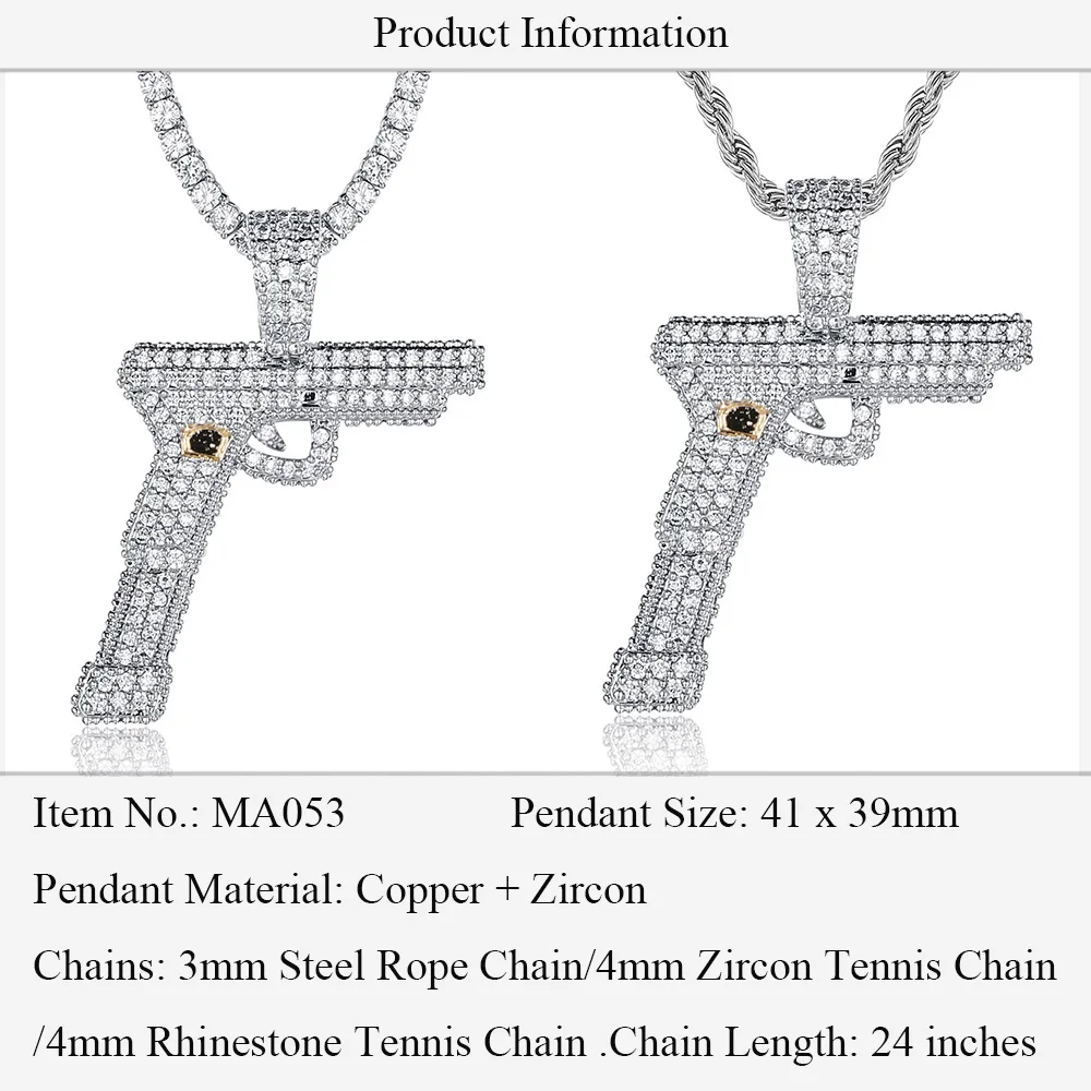 

100% Micro Zircon Hip Hop Pistol Pendant Necklace For Men Jewelry Party CZ Rapper Jewelry Custom Accept Zircon Tennis Chain