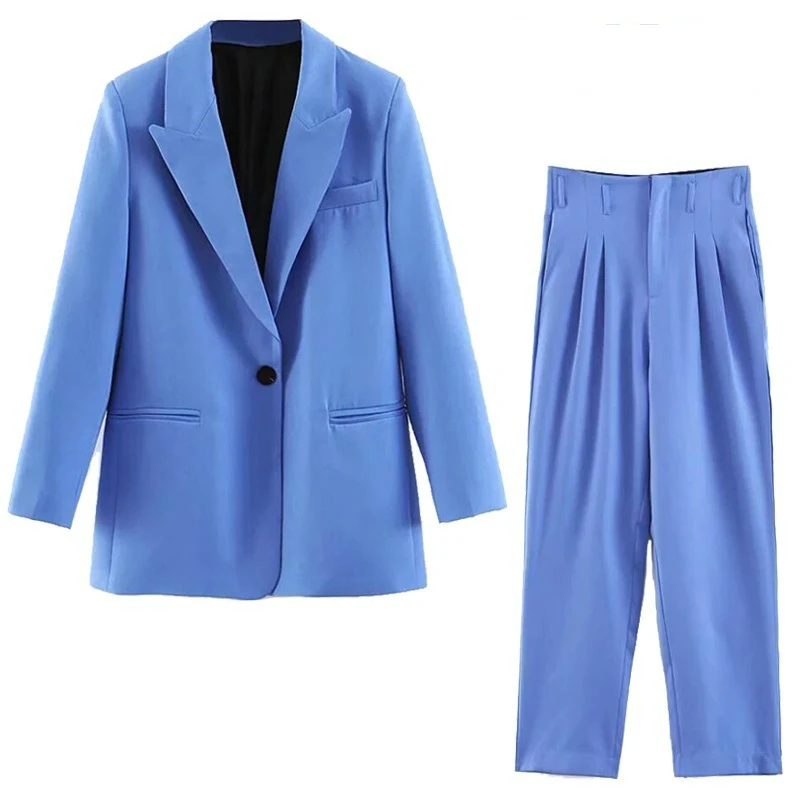 2019 женский синий маленький костюм комплект Блейзер на одной пуговице пиджак