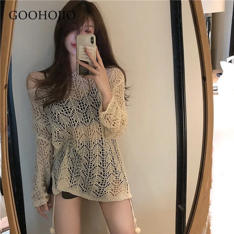

GOOHOJIO 2020 New Autumn Sexy Chic Sweaters for Women Solid Color Thin Ladies Hole Sweaters Oversized Pullover Sweaters Women