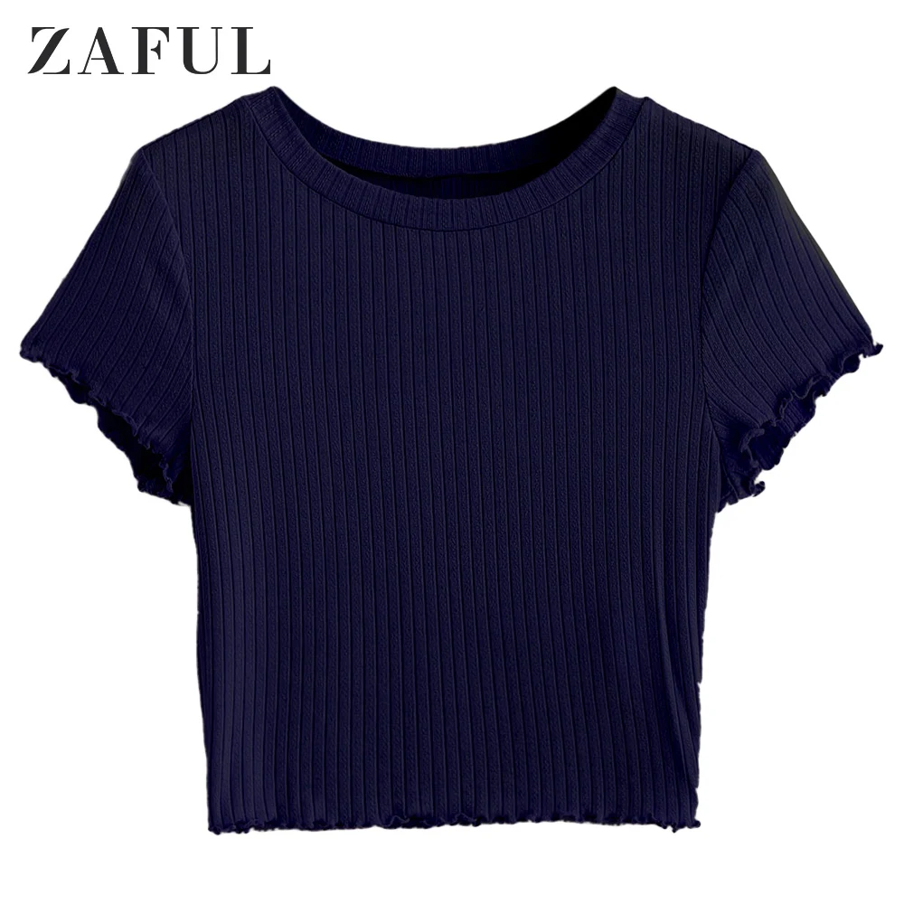ZAFUL Ribbed Lettuce Trim Knit Cropped Tee For Women Round Neck Short Sleeve Solid Color Tops Autumn Spring 2019 | Женская одежда