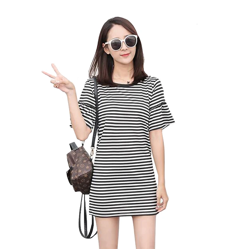 

Summer Sexy Mini Dress Women 2020 Fashion Beautiful Short-sleeve O-neck Thin Slim Black White Striped Boho Party Dresses