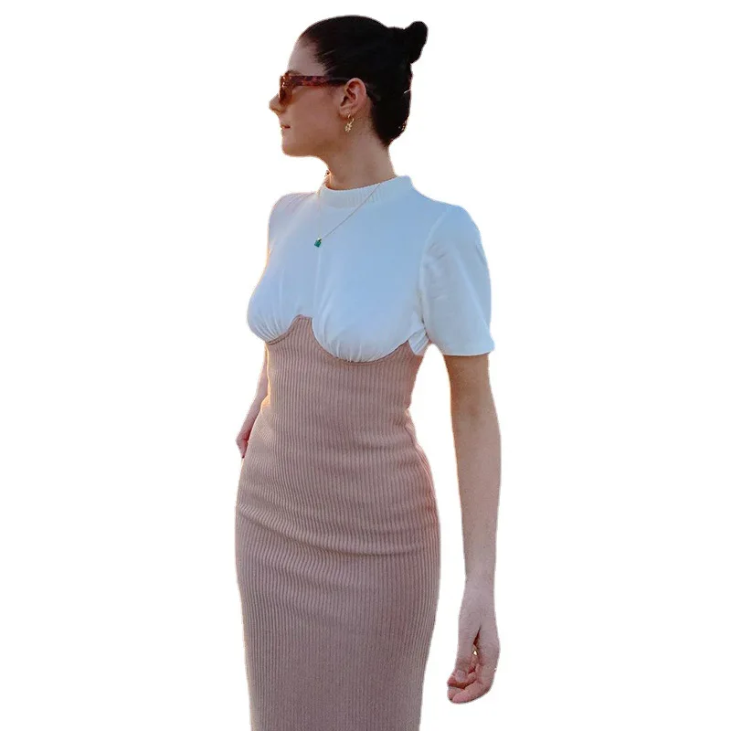 

Knitted Dress Women Spring Short Sleeve Semi High Collar Package Hip Sexy Bodycon Dresses White Midi Dress Female Clothes 2021