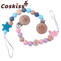 coskiss bpa free beech wooden printing clips silicone star pacifier chain nursing teething gift for newborn baby boy girl