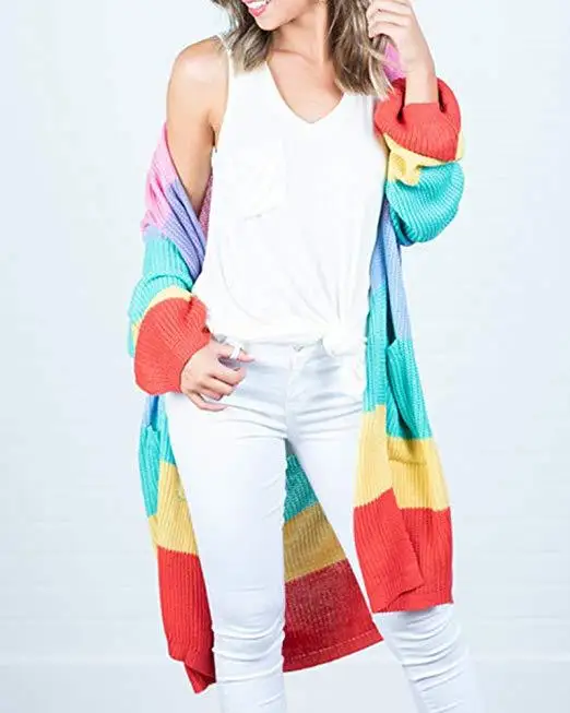 

Colorful Rainbow Stitching Cardigan Cardigan Jacket Plus Size Winter Clothes for Women Cardigan Women Winter Clothes Women