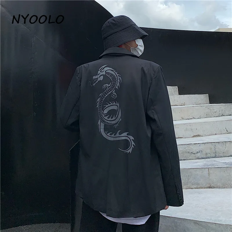 NYOOLO Harajuku Винтажная с драконом принт женский костюм с карманами Осенняя уличная одежда с длинным рукавом однобортное пальто женская мужская одежда верхняя одежда