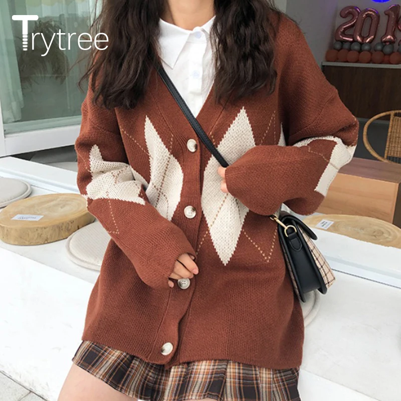 Trytree 2019AW Women Casual Sweater V-Neck Cardigans Single Breasted Computer Knitted Acrylic Long Sleeve Loose Tops |