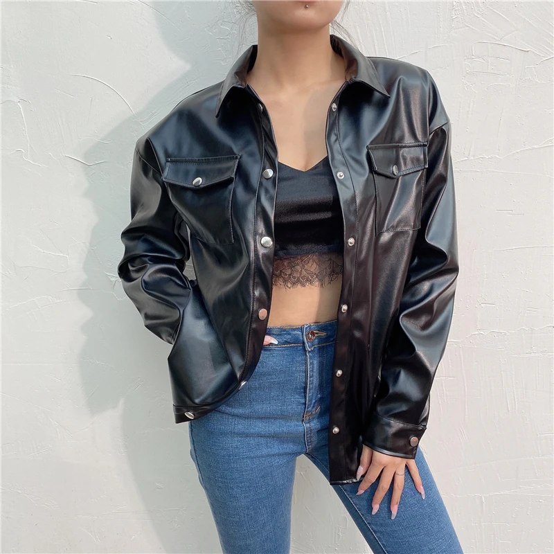 

2021 Spring Fall Fashion Women Solid Color Jacket Adults PU Leather Textured Long Sleeve Coat with Pockets Shirt