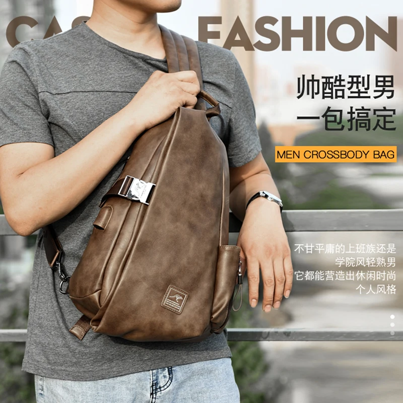 

JackKevin Men Multifunction Leather Crossbody Bags USB Charging Chest Pack Short Trip Water Repellent Shoulder Messengers Bag