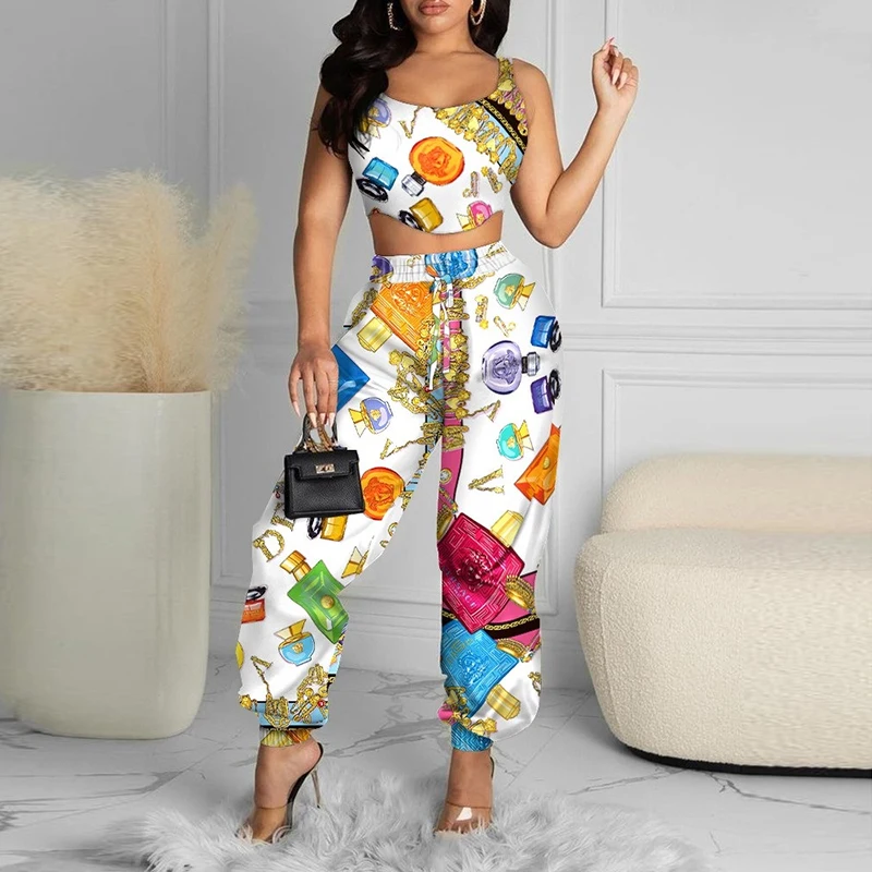 

Women Two Piece Sets Sleeveless Printed Crop Tops + High Waist Sweatpants Suits Summer Autumn Fashion Sports Suits