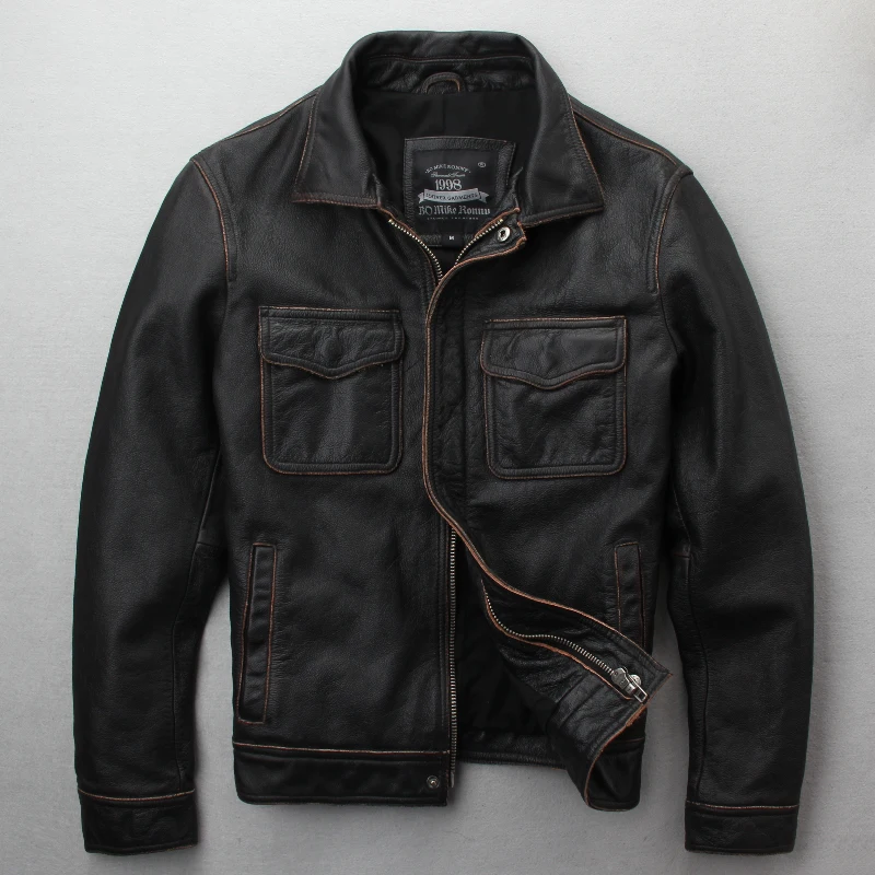 

2021 Vintage Brown Casual Style Genuine Leather Jacket Men Plus Size 4XL Real Cowhide Autumn Slim Fit Natural Coat