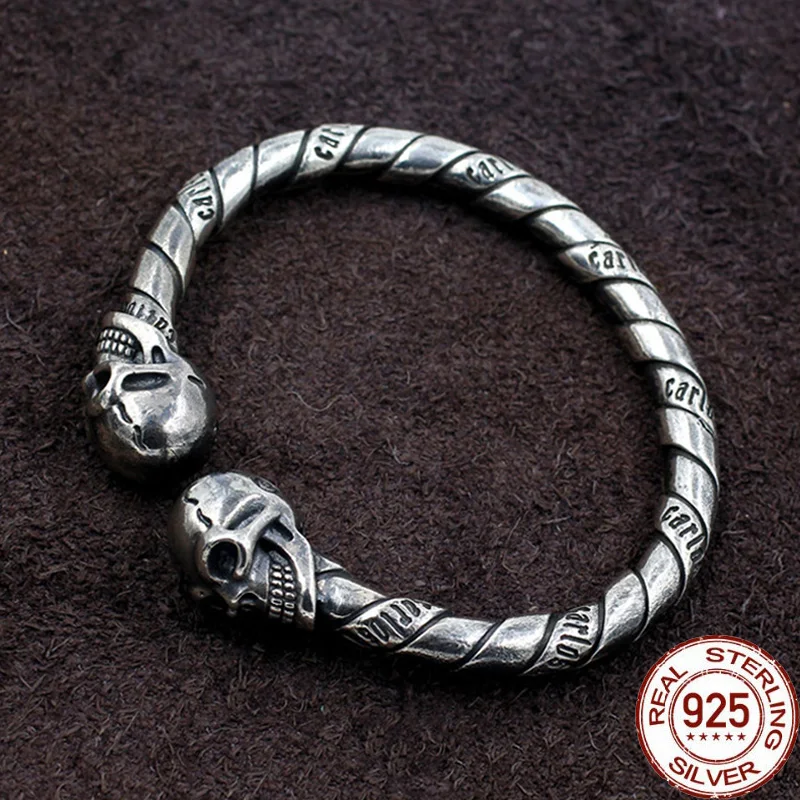 

Real 100% 925 Silver Jewelry Skeleton Cuff Bangle with Double Skull Heads Handmade Retro Punk Bangle Bracelet for Men and Women