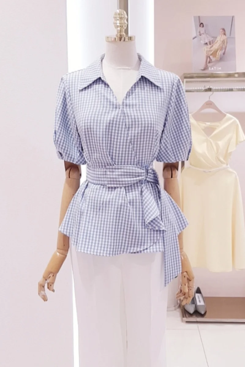 

2021 Summer Elegant Plaid Slim Waist Blouses for Women Short Sleeved Casual Shirt Female Korean Loose Plus Size Top