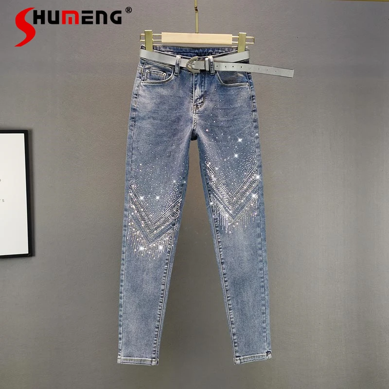

2021 New Spring Summer European Heavy Embroidery Hot Drilling Skinny Jeans Elastic High Waist Denim Trousers Slim Cropped Pants