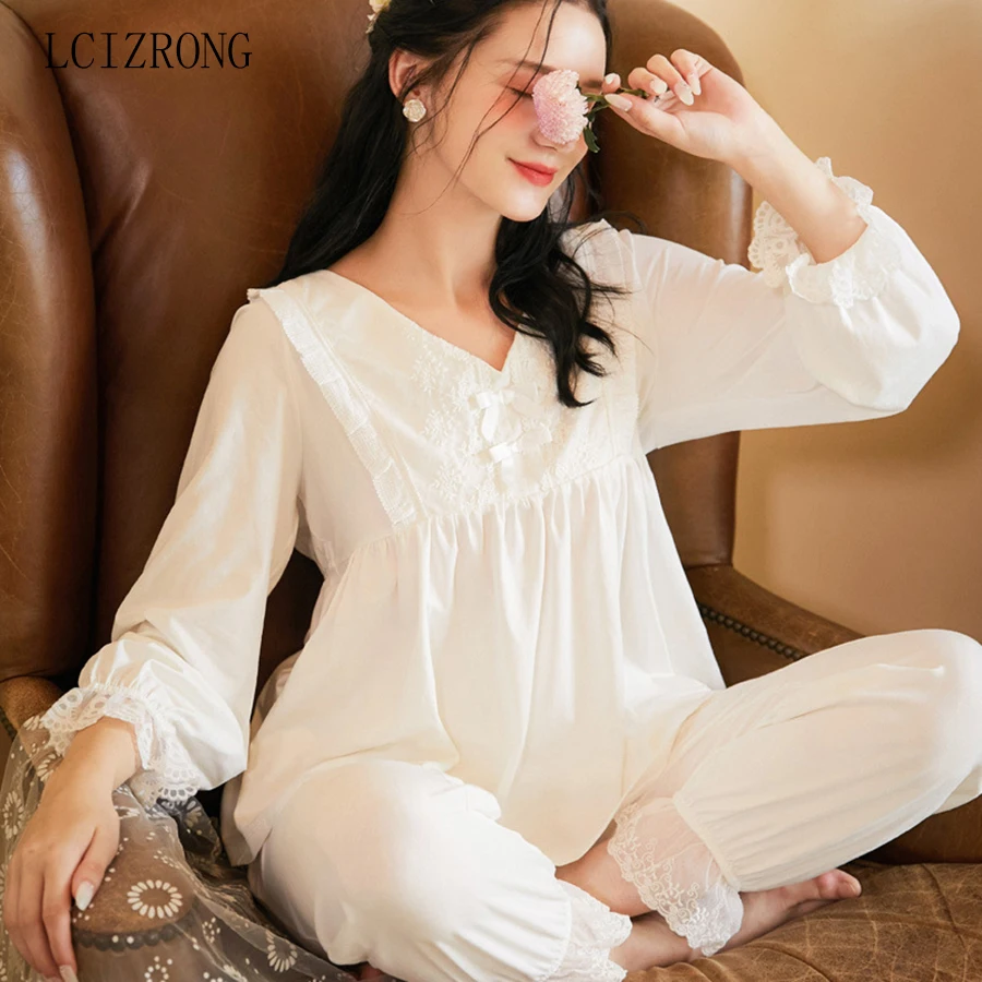 

Long Sleeve Cotton Pajamas Set Women Vintage Loose Plus Size Princess Sweet Home Clothes Winter Sleepwear Nightgowns Female