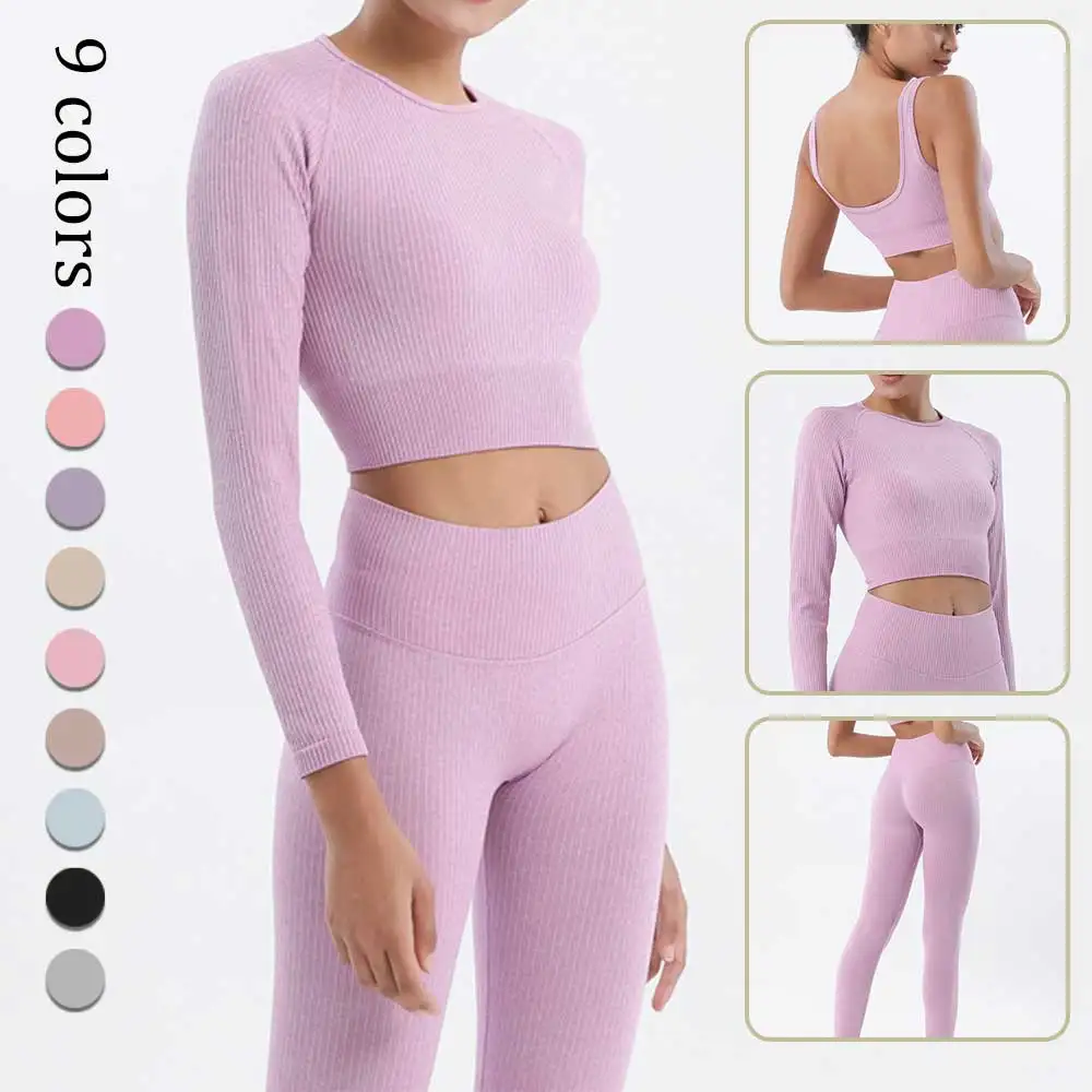 

Women's Seamless Yoga Suit Sports Set Gym Clothes Fitness Long Sleeve Crop Top High Waist Leggings Ribbed Workout Set Tracksuits