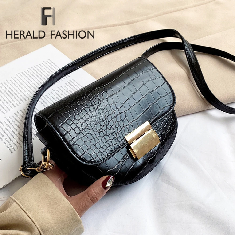 

Женская кожаная сумка-седло с крокодиловым узором, маленькая однотонная сумка-мессенджер на плечо, женские повседневные сумки и кошельки, ...