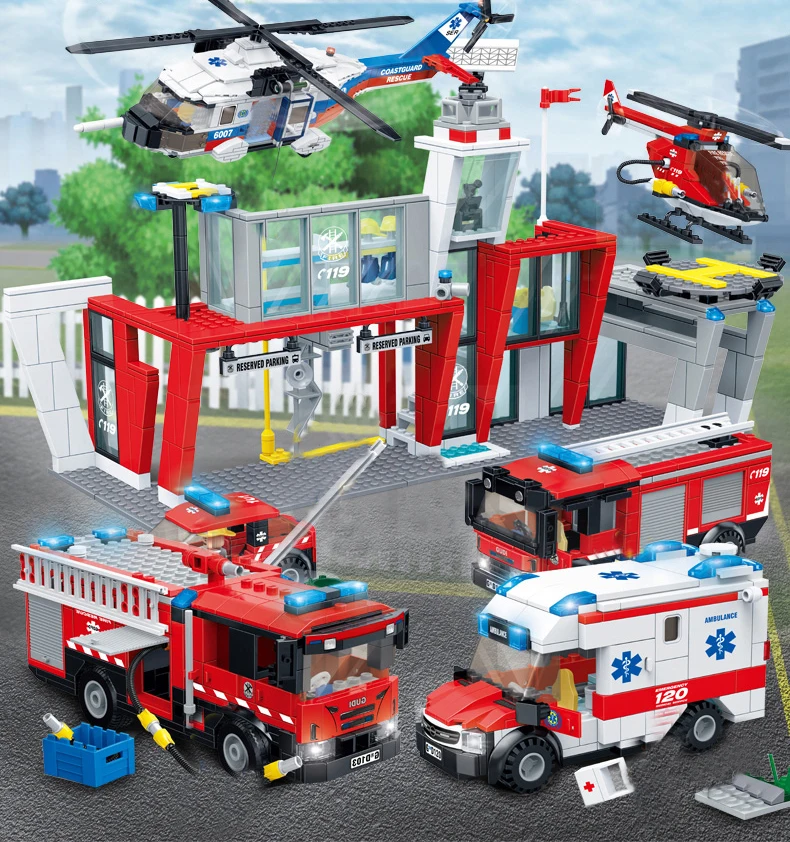 

New City Fire Rescue Bricks Medical Ambulance Rescue Helicopter Fire Truck Building Blocks Children Toy Gifts