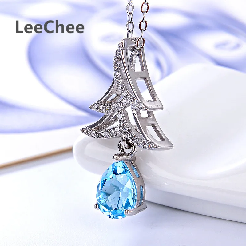 Leechee Natural blue topaz pendant for women Christmas tree Necklace 6*8mm gemstone jewelry real 925 Solid Sterling silver | Украшения и
