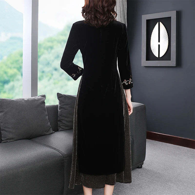 2019 Fall Spring Chinese Womens Green Black Patchwork Embroidery Velour Cheongsam Long Dress Women Slim 3xl Velvet Dresses | Женская