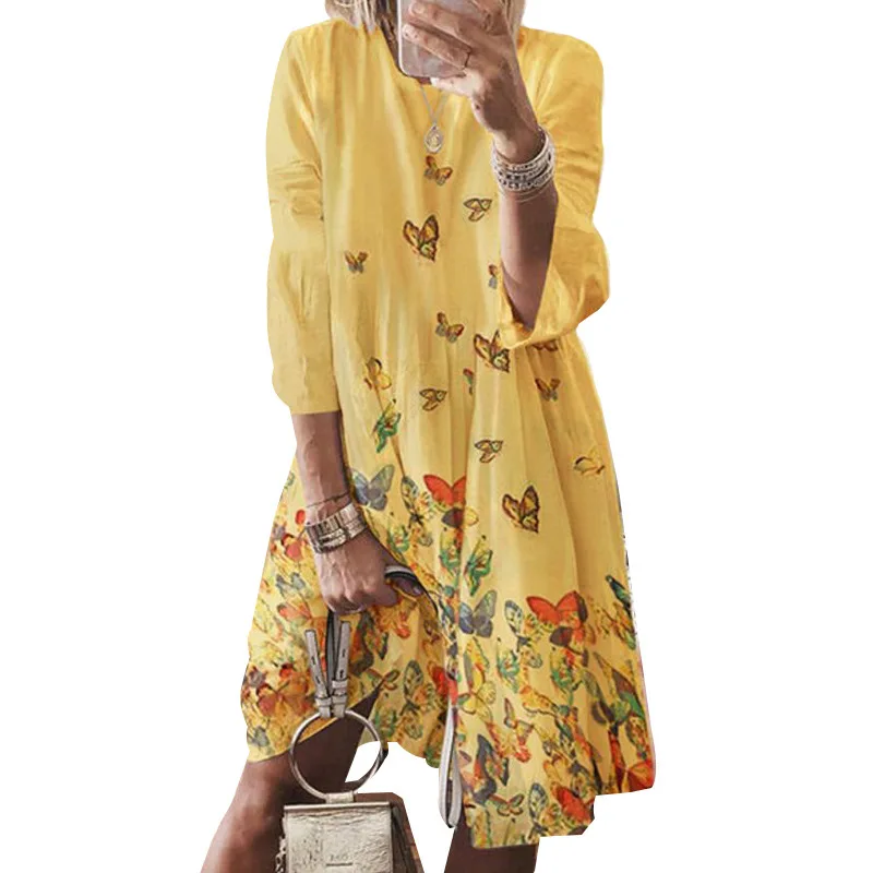 

5XL Plus Size Beach Dress Women Puff 3/4 Sleeve Loose Casual Robe Fashion New Butterfly Printed Sweet Streetwear Dress Vestidos