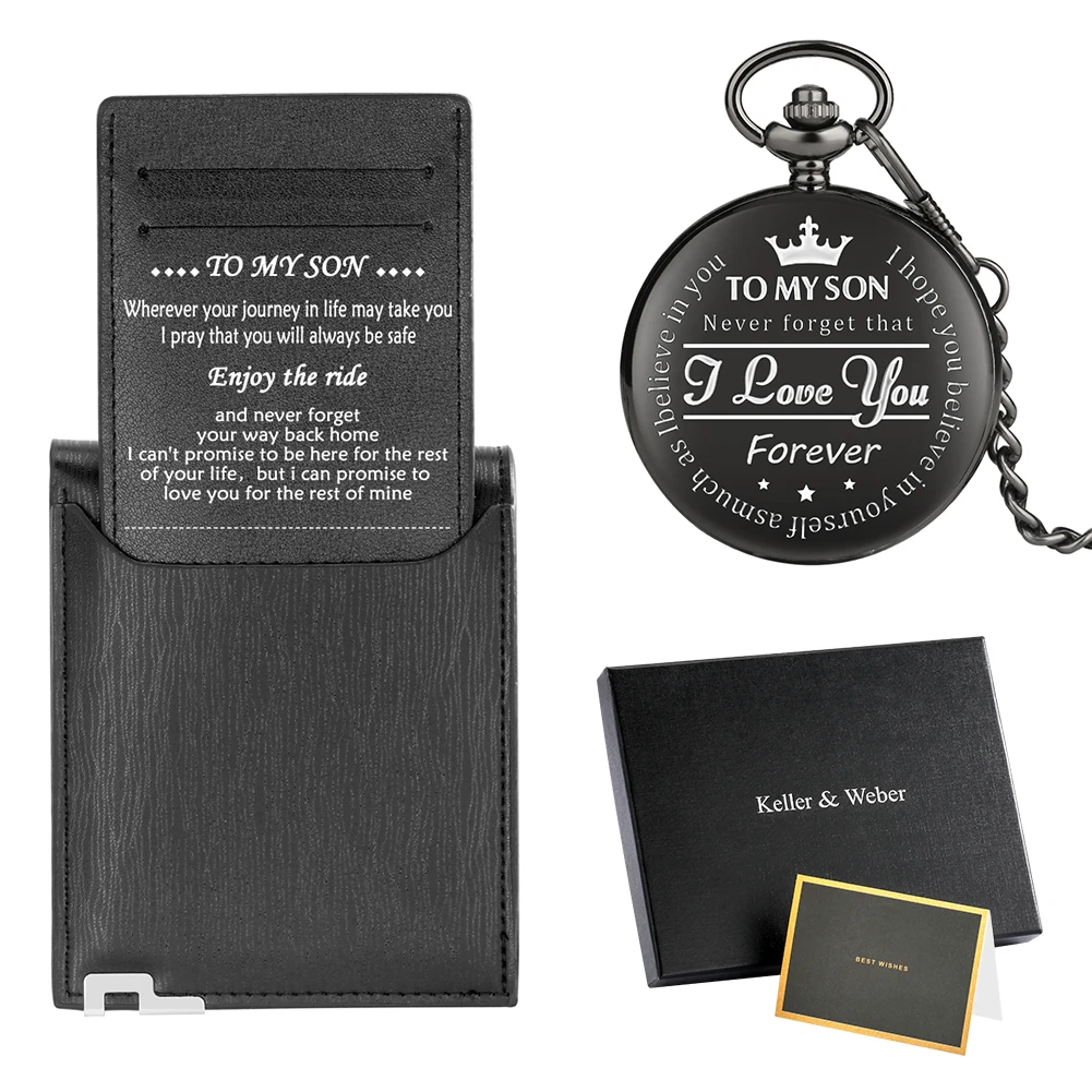Upscale Gift Set Man I Love You Forever To My Son Quartz Chain Pendant Pocket Watch White Dial And  Black Leather Soft Wallet