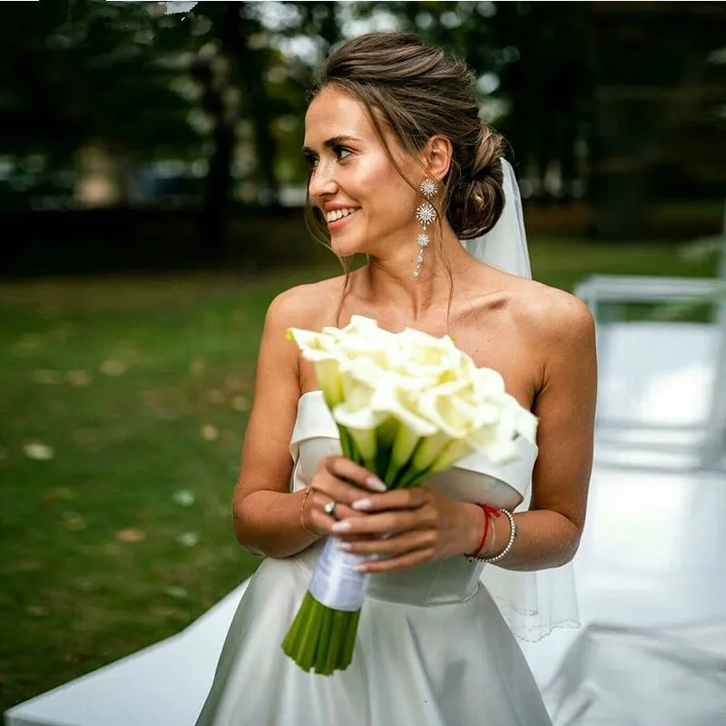 A-line Simple Wedding Dresses Strapless White Ivory Satin Gowns Backless Sweep Train Plus Size Bridal Vestidos De Novia | Свадьбы и