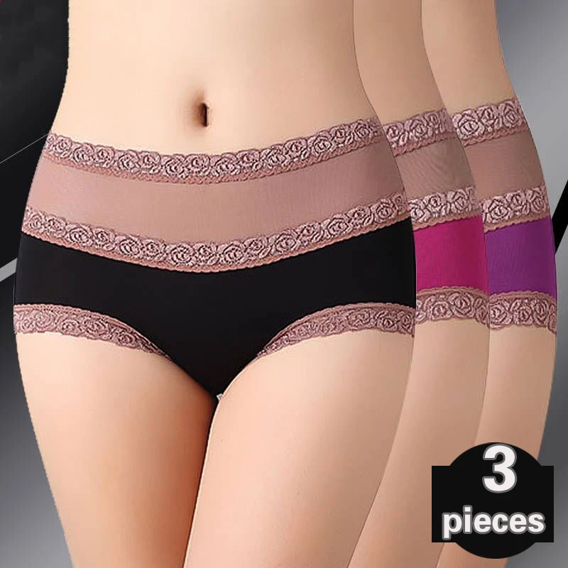 

3 pcs Women's underpants High waisted underpants Lace underwea plus size women sexy Lingerie Female underwear thong