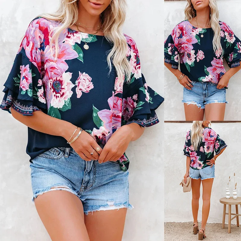 

Женская летняя рубашка с коротким рукавом и цветочным принтом