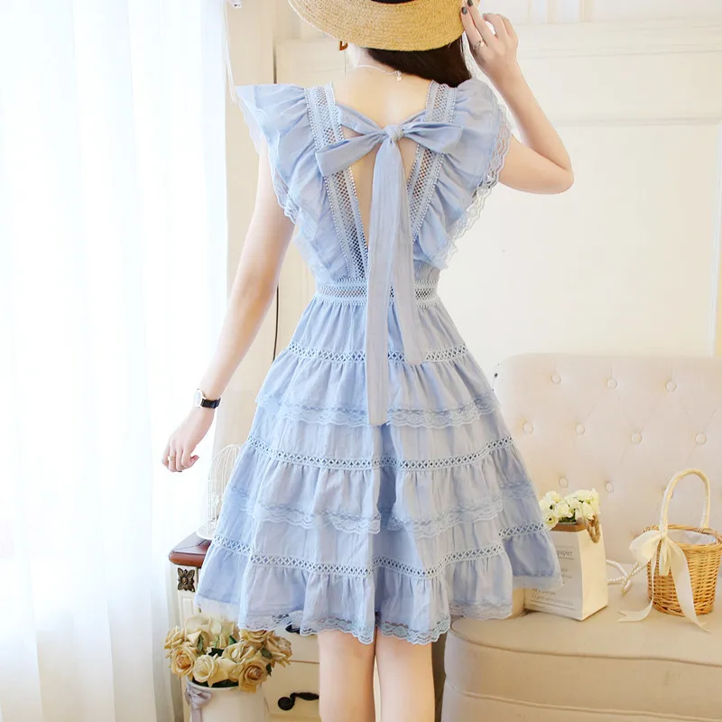 Милое ажурное кружевное шифоновое платье 2019 Лето Для женщин без рукавов с