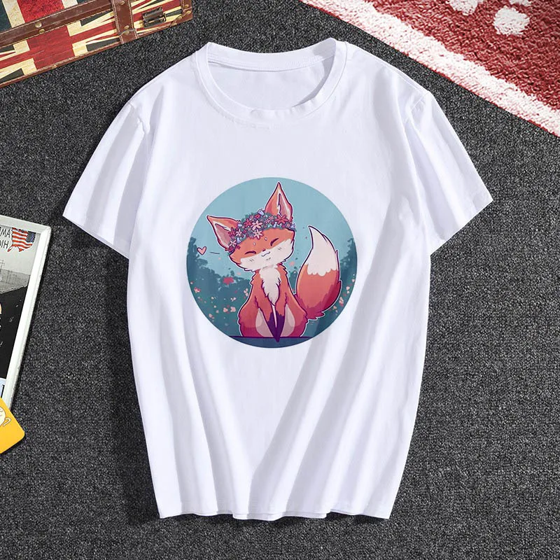 Женская хипстерская футболка Lus Los Cute белая с коротким рукавом и принтом лисы