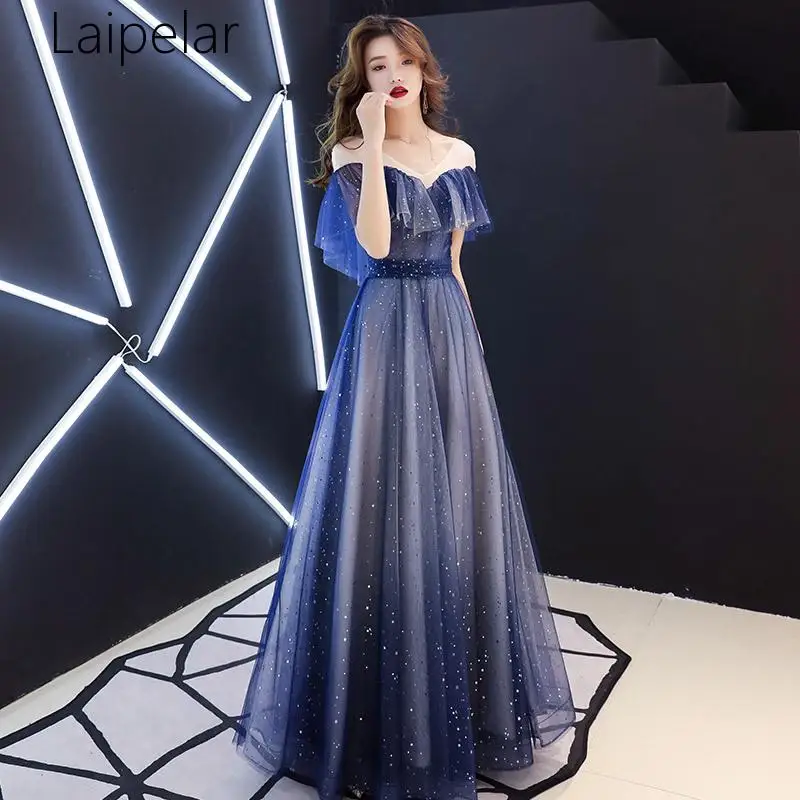 

Laipelar New Even-ing Dress Sexy Navy Blue Formal Dresses Bling Star Shining V Neck Ruffles Long Party Gown Size XS-3XL