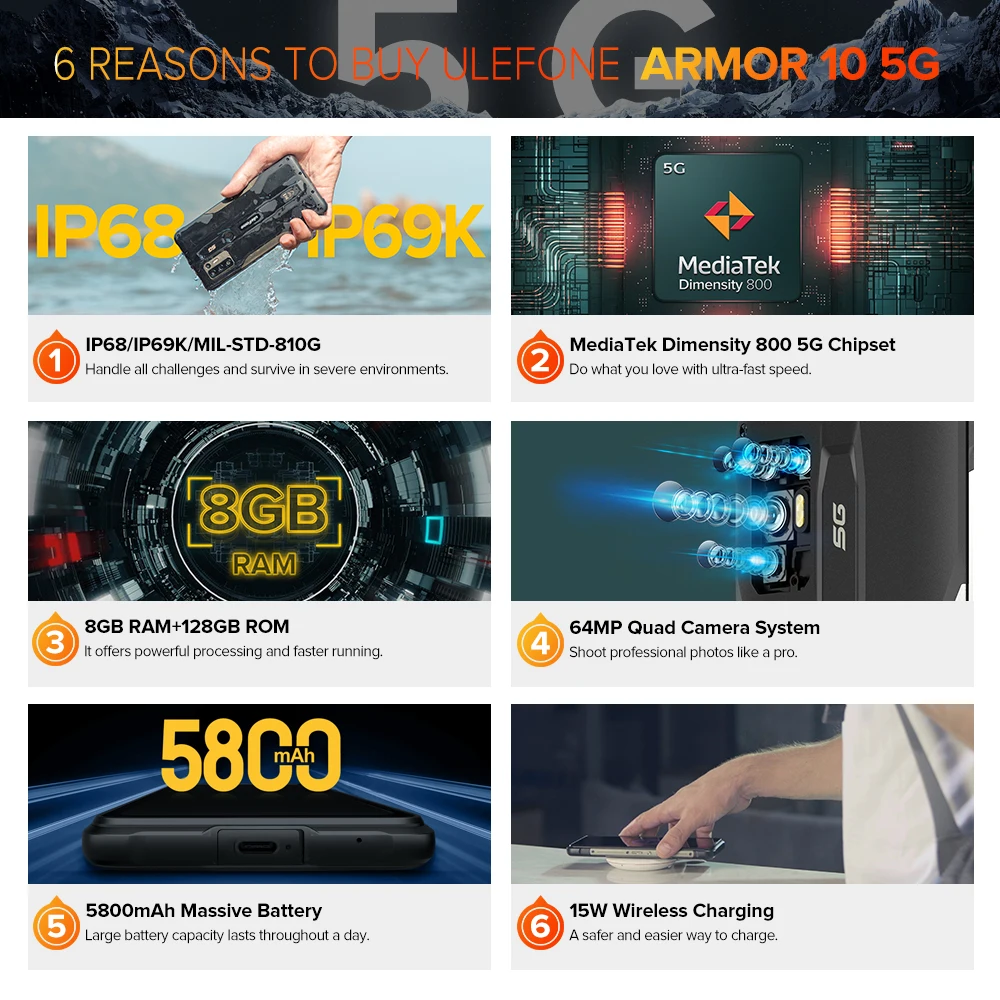 Ulefone Armor 10 5G IP68 IP69K Водонепроницаемый прочный смартфон 6 67 inch 8 ГБ 128 64MP Камера NFC