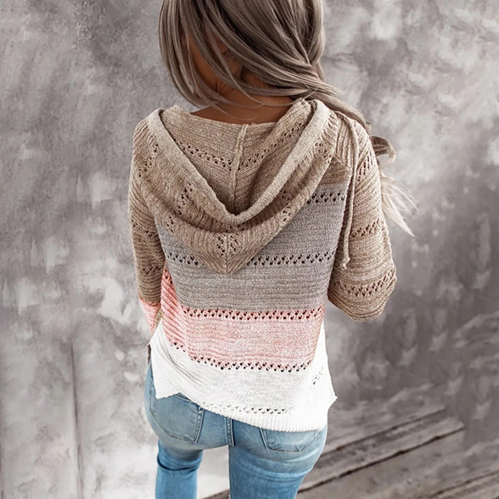 Вязаный кардиган свитер для женщин Осень-зима Повседневный в полоску пэчворк с