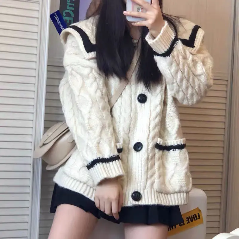 

Женский вязаный кардиган с воротником-стойкой, однотонный плотный вязаный кардиган в Корейском стиле ретро и колледжа, зима 2021
