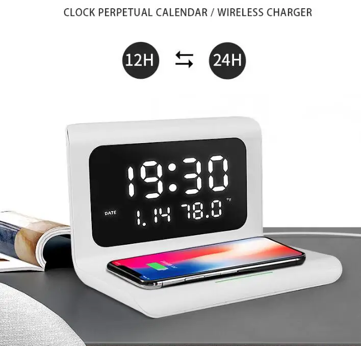 

10pcs Wireless Charger Pad with Digital Alarm Mirror Clock 12/24H Temperature 10w Fast Charging for Iphone 12 factory outlet