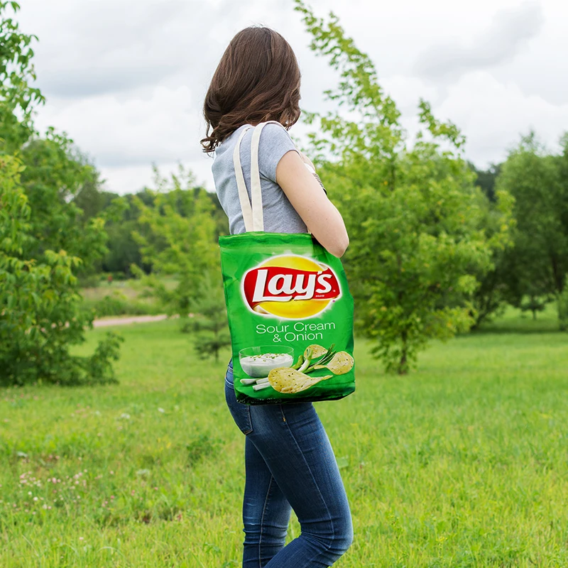 

Funny Potato Chips Canvas Bag Women Unisex Large Capacity Foldable Shopping Bag Creative Foldable Eco Tote Colorful Shoulder Bag