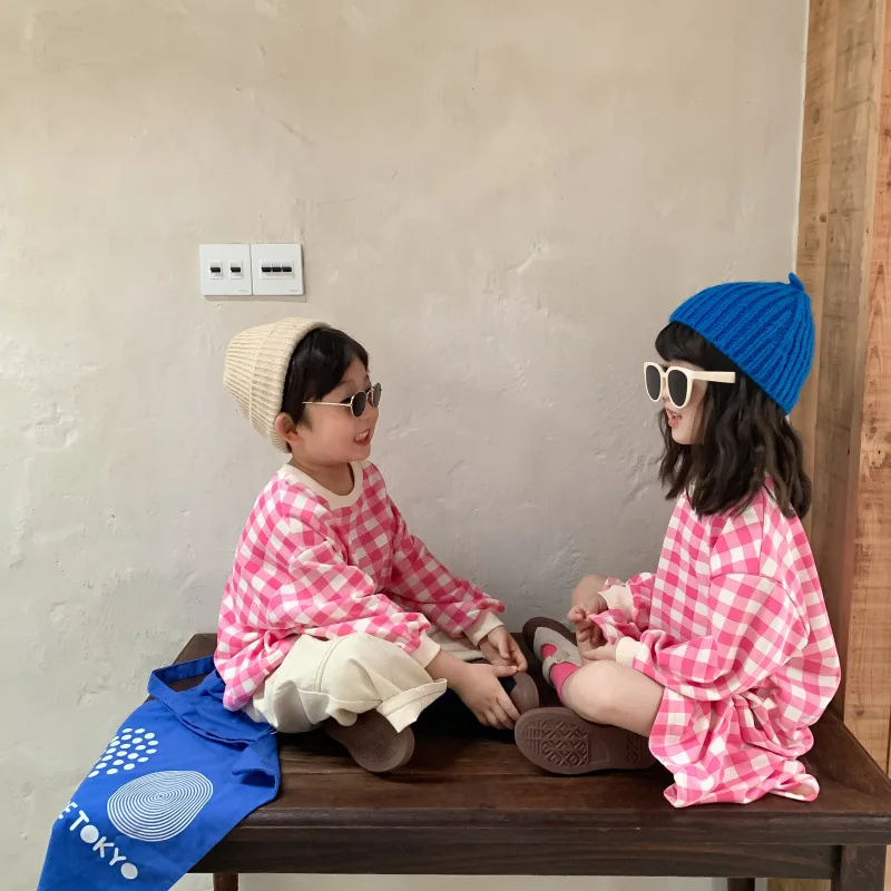 

2021 Brother Sister Matching Clothes Korean Child Girl Long Sleeve Hoodie Dress Fashion Toddler Boys Plaid Hood Tee Kids Clothes
